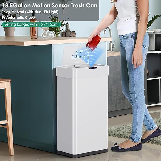 Arlopu Automatic Trash Can,Sensor Motion Stainless Steel Garbage Bin, Touchless Smart Waste Bin, W/Stay-Open, Soft Close Lid, Display Light for Kithchen, Living Room, Office (White, 21.1gal)