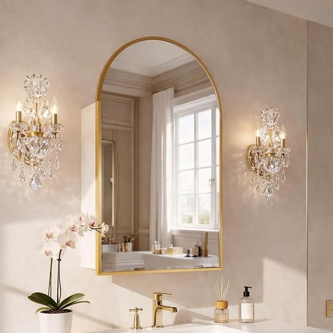 Gold Arched Medicine Cabinet with Mirror,20x32 Wall Mount Medicine Cabinet with Adjustable Glass Shelves,Surface Mount Only,No Recessed,Brushed Gold Medicine Cabinet with Mirror