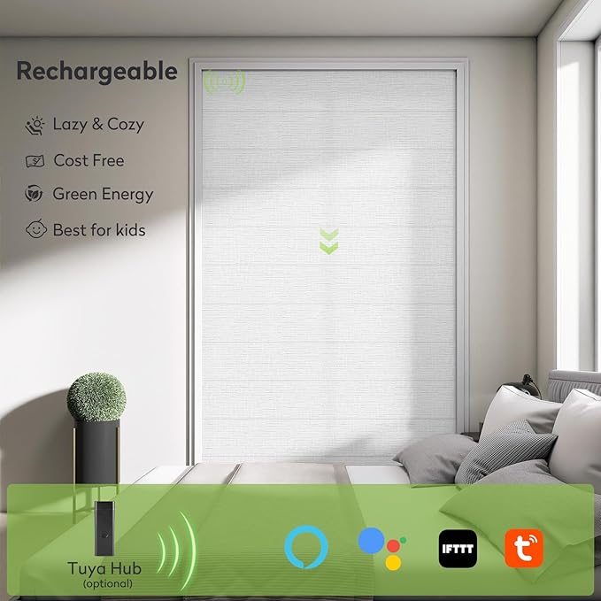 ZSTARR Smart Roman Shades Rechargeable Motorized Blinds with Remote Light Filtering Roman Window Shades Plain Fold Soft for Doors Bedroom, Custom Size (Light White)