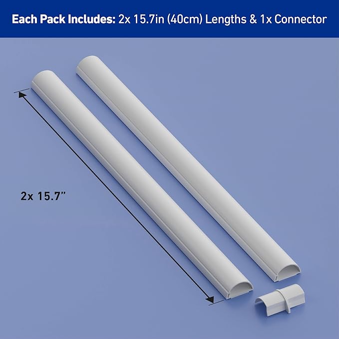 D-Line 31.4in TV Cord Hider, Patented Half Round Cable Cover, Hide Wall Mount TV Wires, Hinged One-Piece Cable Concealer, Adhesive, Decorative Raceway - 2X 1.18in W x 0.59in H x 15.7in L - White