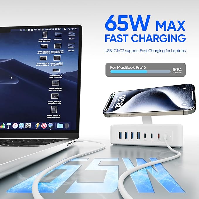 11-in-1 Charging Station USB-C Power Strip, 200W USB C Charger Block, 2AC Outlets 8USB Ports(4USB-C) Surge Protector, 5FT Flat Plug Extension Cord, PD65W Desktop Fast Charging for Home Office, White