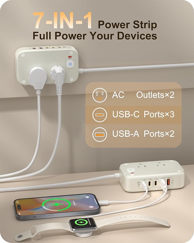 KWRNVO Power Strip with USB Ports 175W GaN 7-in-1 USB C Charging Station Type C & USB A Ports with AC Outlets 2500W for Multi Devices for Phone/Laptop/Home Appliances