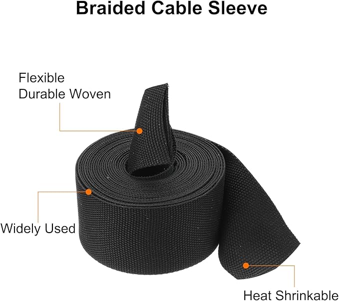 MECCANIXITY Braided Cable Sleeves Heat Shrinkable Fabric Sleeving, 1 3/8" 16ft Black 2:1 Ratio Heat Shrinkable Cord Protector for Harness Cable, Network Cable Protection, Cable Management