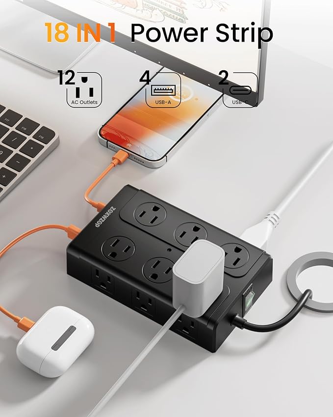 Zoxwzop Surge Protector Power Strip – 10FT Extension Cord with 12-Outlet 4 USB-A & 2 USB-C Ports, 1850W/15A, Flat Plug, Wall Mountable – ETL Listed for Home, Dorm Room