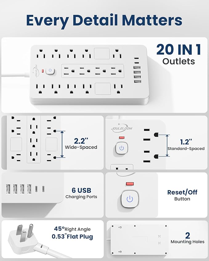 JouleLoom Surge Protector Power Strip-14 Outlets and 6 USB Ports, 10 Feet Flat Plug Extension Cord, 1850 Joules, White, ETL Listed for Home, Office, Dorm Room