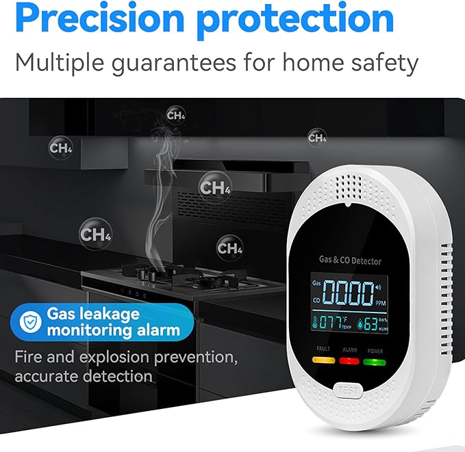 5PCS 4-in-1 Carbon Monoxide & Natural Gas Detectors with Temperature/Humidity LCD Display, Plug in Co Leak Detector Propane Monitor for Home Travel RV Essentials, Sound Alarm Over 85dB