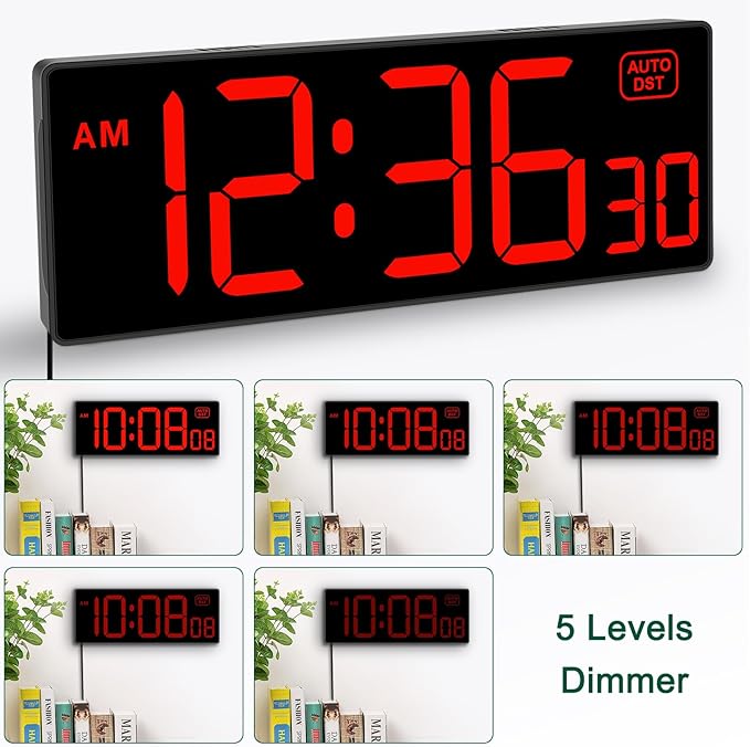 Soobest LED Digital Wall Clock, Large Digital Clock Bold Numbers with Seconds for Seniors Visually Impaired，Plug Electric Clock Dimmable Auto DST Large Display 10 Inches (Red)