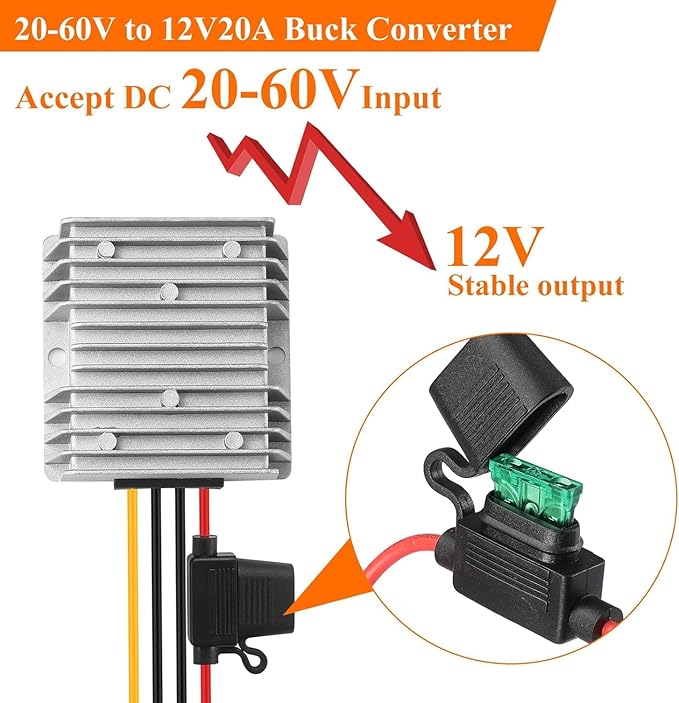 DC 24V to 12V Regulated Converter 20A 240W Step-Down Converter (Input: 20V-60V) 12V to 24V DC Power Converter with Fuse Waterproof Module Suitable for Golf Carts, RVs, Electric Motors, etc.