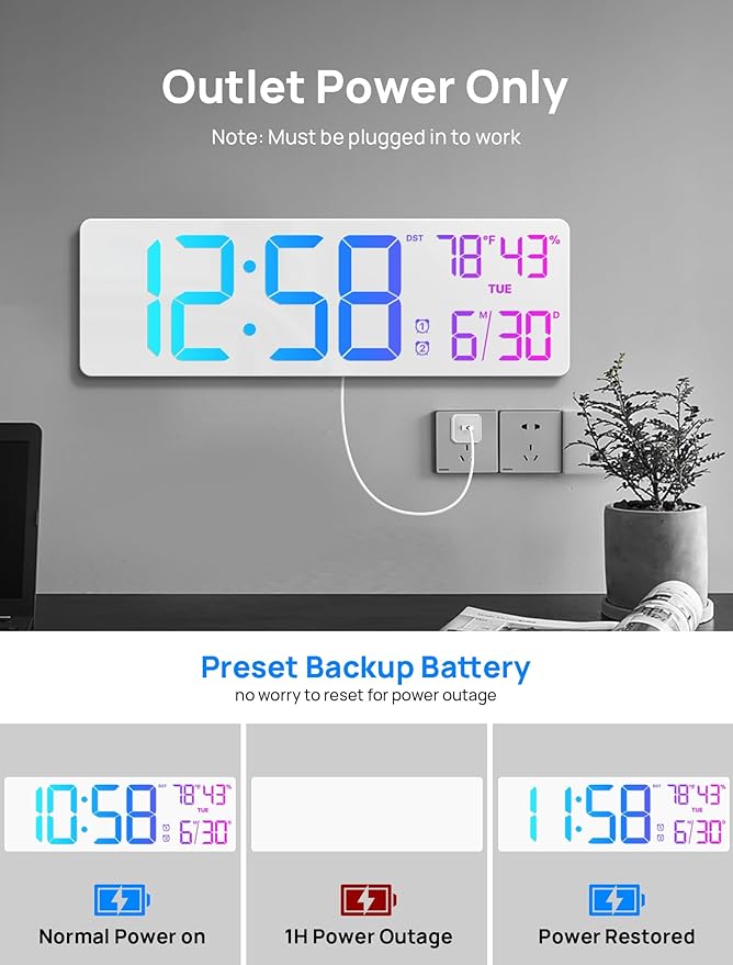18.5" Large Digital Wall Clock with Remote Control, Big LED Display Digital Clocks with Night Light, Alarm, Countdown, DST, Temp, Date for Living Room, Bedroom, Office, Gift for Seniors(White)