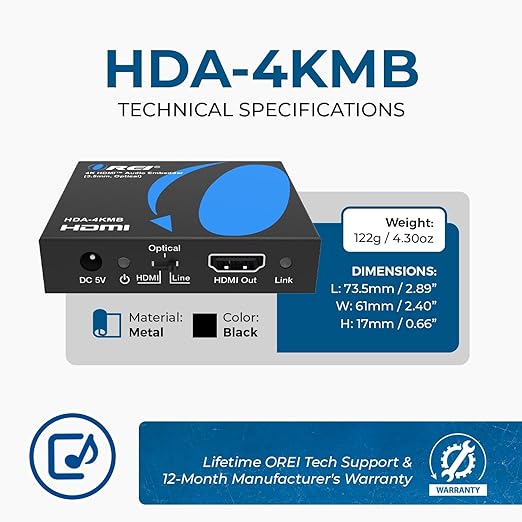 OREI 4K HDMI Audio Embedder, Audio Embedder Inserter Digital Analog Audi + DVI to HDMI Support TOSLINK Optical 3.5mm Jack AUX Sound Input 4K60Hz 18Gbps HDR HDCP2.2