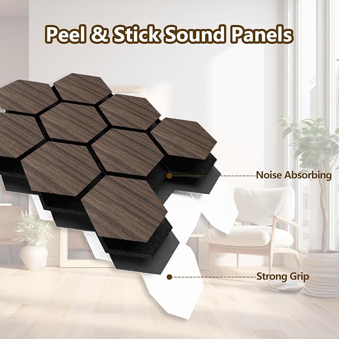 Hexagon Acoustic Wall Panels, Self-Adhesive Sound Absorbing Wall Panel by ARMURO, 4 Pack Covers 19.27 Sq Ft, Peel and Stick Noise Reducing for Home Office Studio Bedroom Wall Decor