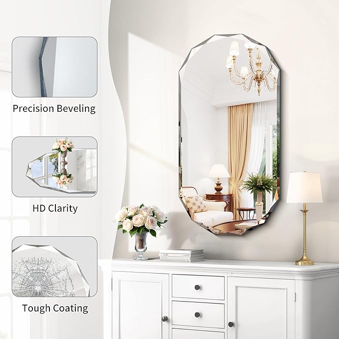GLASHOM Beveled Edge Frameless Bathroom Mirror, Oval Wall Mirror for Over Sink, 18" x 36" Modern Decorative Vanity Mirror for Bedroom, Living Room, Entryway, Hanging Mirror Horizontal or Vertical