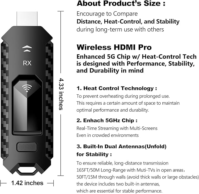 Wireless HDMI PRO- Transmitter and Receiver, Portable Multi-TVs Extender Kit, Plug and Play, Heat-Control, 5.8G/2.4G @60Hz 165FT/50M, Wirelessly Stream Video/PPT from Laptop to Multiple HDTVs/Monitors