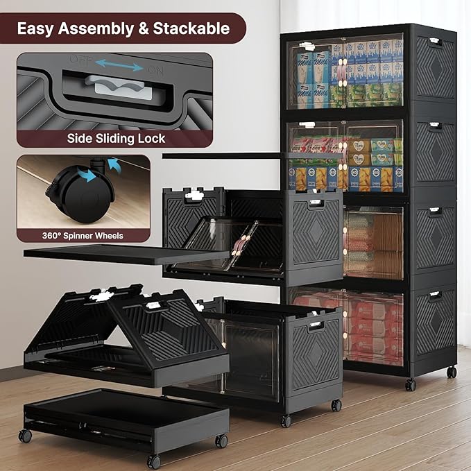 Extra Large Stackable Storage Bins with Lids & Wheels, 220QT-55QT/14GAL*4Pack Foldable Collapsible Closet Organizers Dark Storage Cabinet with Doors for Bedroom Dorm