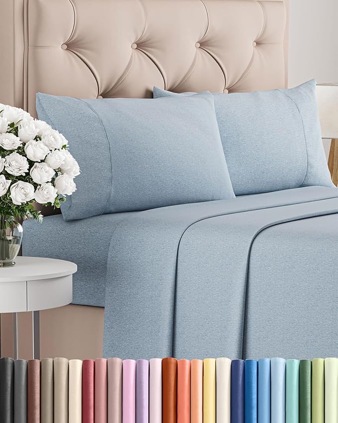 King Size 4 Piece Sheet Set - Comfy Breathable & Cooling Bed Sheets Set - Hotel Luxury Bedding for Women, Men, Kids, Teens, Boys & Girls - Deep Pockets, Soft & Wrinkle Free - Blue (Heathered Sheets)