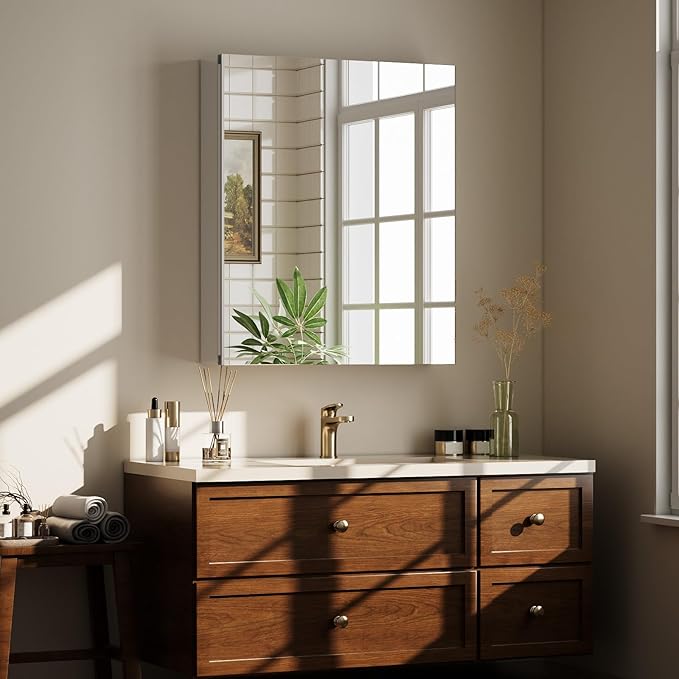 Bathroom Medicine Cabinet with Mirror, 30 Inch x 24 Inch Bathroom Mirror Cabinet with Single Door & Adjustable Shelves, Surface Mount or Recess Installation