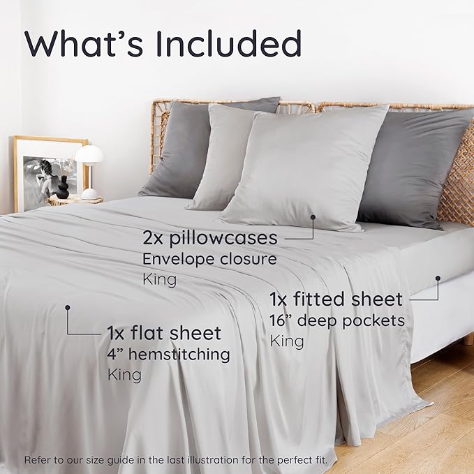 Bambaw 100% Viscose Derived from Bamboo King Size Sheets Set – 4pcs Cooling Sheets for Hot Sleepers, Deep Pocket King Sheet Set Cooling Fits Up to 16'' with Elastic Corner Straps (Moonlight Gray)