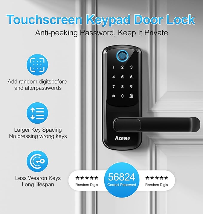 Aceele Keyless Entry Fingerprint Smart Door Lock, Built-in Wi-Fi, Electronic Lock for Front Door with Touch Digital Keypad and Handle, Automatic Door Knob for Apartment/Home/Bedroom(Black)