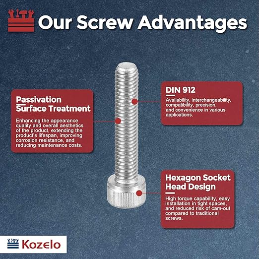 Kozelo 5pcs Socket Head Cap Screws - [M8-1.25 x 40mm] 304 Stainless Steel Allen Socket Drive for Electrical Motor 3D Printing Fan Engine Replacement Use, Silver