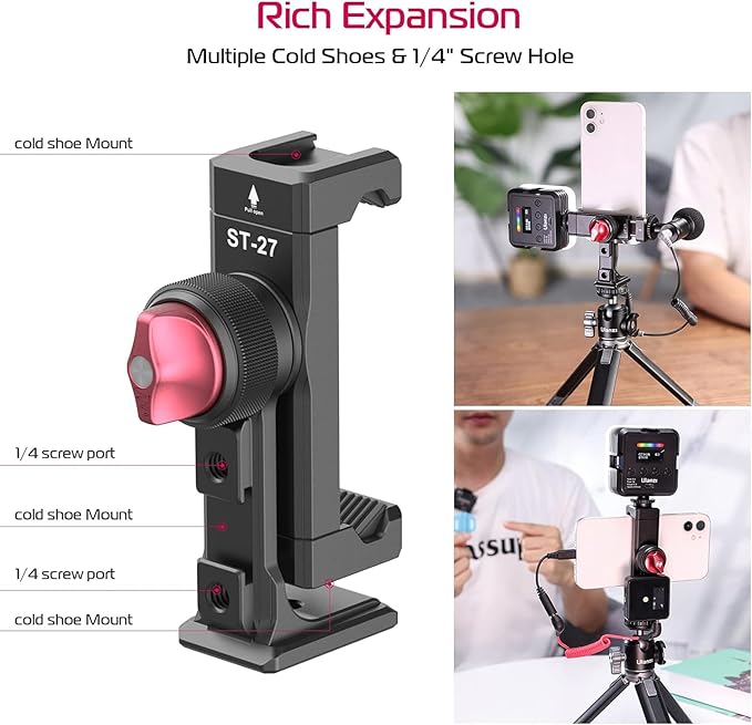 Metal Phone Tripod Mount 3 Cold Shoes & Arca Port, 360° Smartphone Tripod Adapter for iPhone 17 16 15 Cell Phone Stand Holder for Desktop Video Live Streaming Vlogging Rig