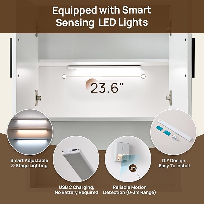 Modern Fluted Bathroom Wall Cabinet with Motion Sensor LED Light, White Over The Toilet Storage with Tissue Dispenser, Soft-Close Hanging Medicine Cabinet with Adjustable Shelves & Open Rack