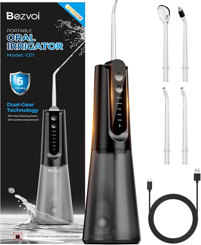 Bezvoi Portable Water Flosser for Teeth: Gum-Sensitive Friendly, Dual-Gear Motor Technology Irrigator Dental Pick with 5 Modes for Braces & Orthodontic, IPX7 Waterproof, Cordless for Travel, Black