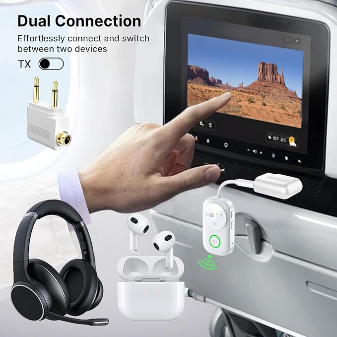 PinPure Bluetooth 5.4 Transmitter Receiver for 2 AirPods/Headphones, 2-in-1 Wireless Adapter with Microphone, Audio Adapter with 3.5mm Audio Jack, Suitable for Airplane, Car, TV, PC, Home Stereo