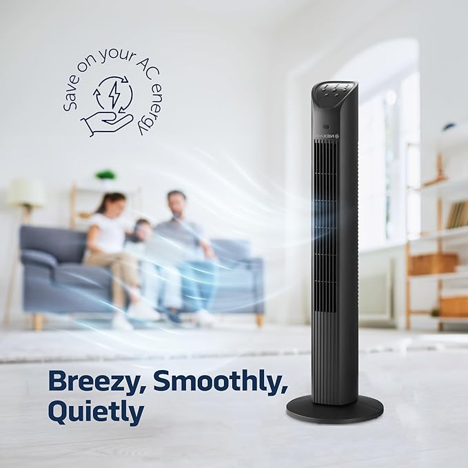NEXAIR 42” Oscillating Tower Fan, 3 Speed Portable Fan Tower With Remote Control, Quiet Operating Floor Fan for Bedroom with 7.5 Hr Auto Off Timer, Modern Design Room Cooling Fan For Home & Office