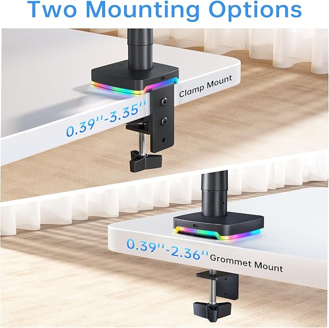 RGB Single Monitor Stand, Gas Spring Monitor Arm with 3 USB Ports, Charging and USB Data Transfer Function, Desk Mount for 13"-32" Monitors up to 19.8lbs, Adjustable Height, Tilt, Swivel, Rotate