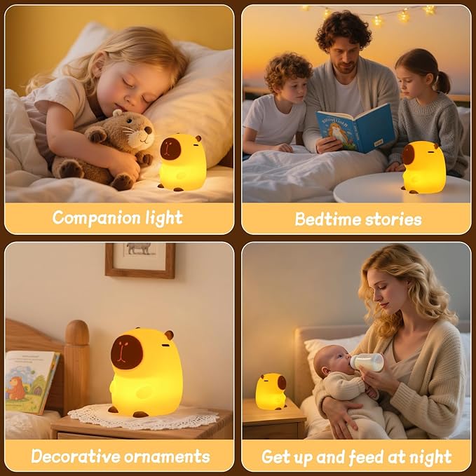 Rytinazzz Capybara Night Light, 50-Hour Battery & Pat Control, Squishy Animal Lamp for Kids Room, USB Rechargeable with Timer, Valentines Gifts