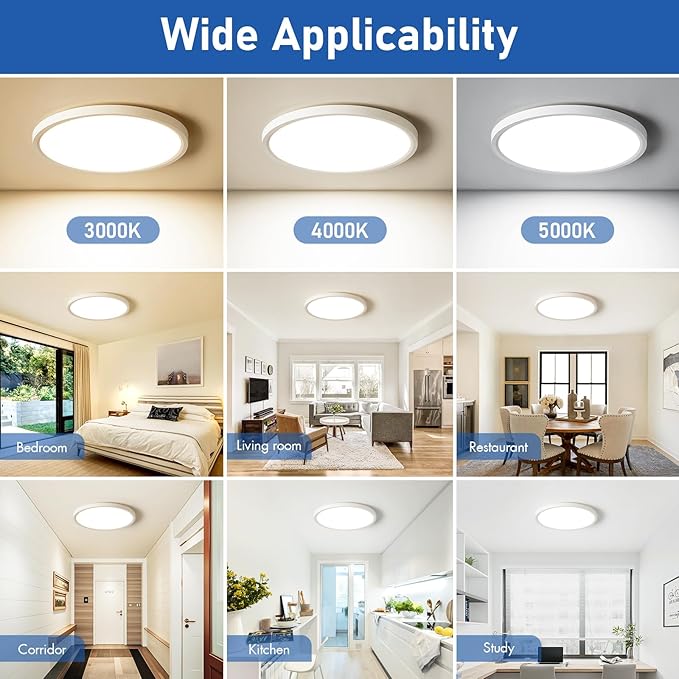 YELIOLED 12 Inch Slim Dimmable LED Flush Mount Ceiling Light Fixtures, 24W 2640LM 3000K/4000K/5000K, House Upgrade Led Lights for Bedroom Hallway Laundry Room Rental Units, 240W Equiv., White
