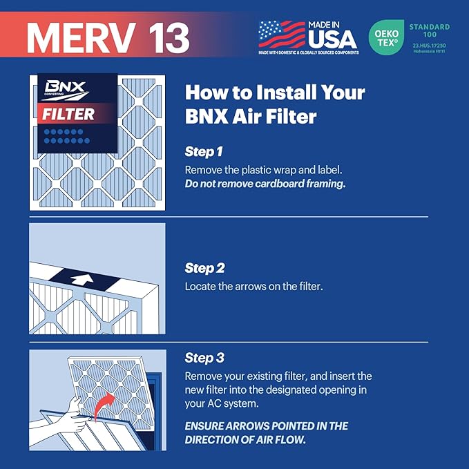 BNX TruFilter 18x18x1 Air Filter MERV 13 (6-Pack) - MADE IN USA - Electrostatic Pleated Air Conditioner HVAC AC Furnace Filters for Allergies, Pollen, Mold, Bacteria, Smoke, Allergen, MPR 1900 FPR 10