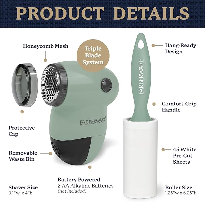 Farberware Fabric Shaver & Lint Remover Set – Battery Operated Sweater Shaver with Triple Blades and Extra Sticky Roller for Pet Hair, Fuzz & Pilling on Clothes, Upholstery & Bedding