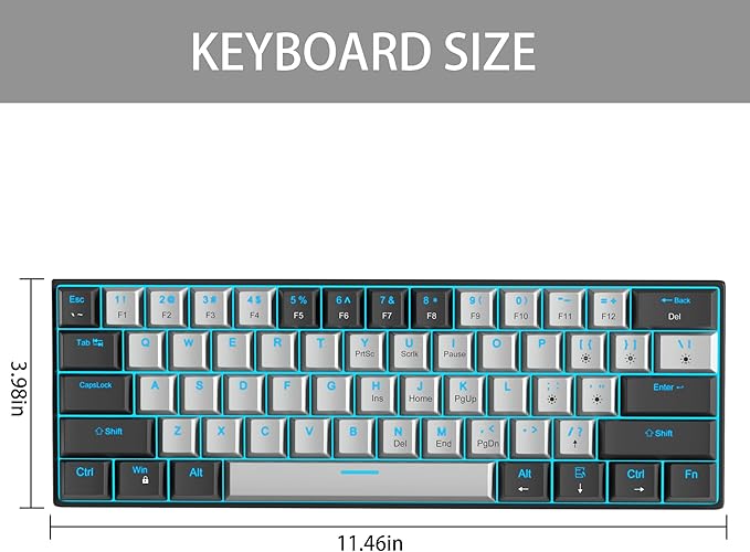 Camiysn 60% Mechanical Gaming Keyboard,Mixed Color Keycaps Gaming Keyboard with Clicky Blue Switches, Detachable Type-C Cable Mini Keyboard with Blue LED Light for/PC/Laptop