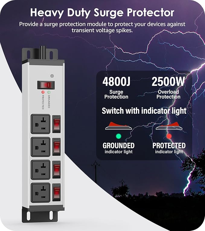 CCCEI Heavy Duty Surge Protector Power Strip 20 Amp Individual Switches. 10FT 12 Gauge Extension Cord with Multiple Outlets. Kitchen, Garage, Shop, Industrial Wall Mount Electric Extender, Grey.