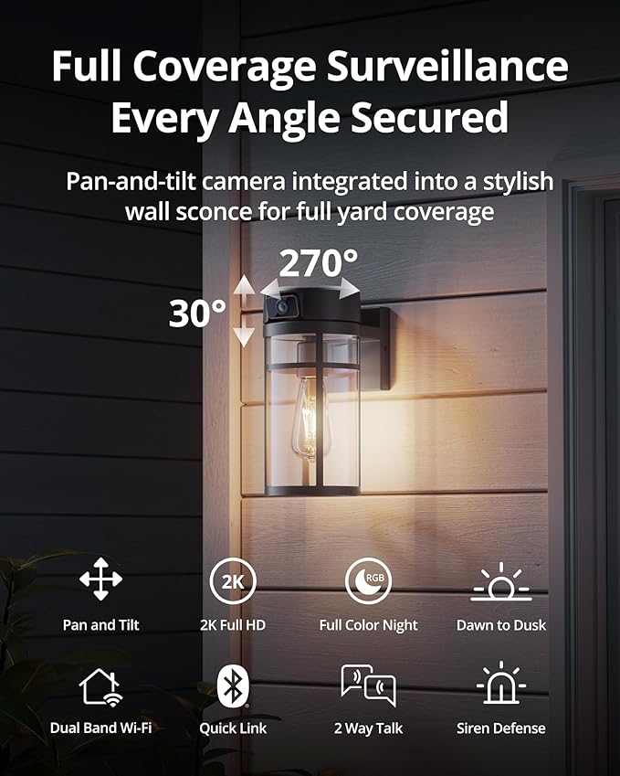 Jarnex Outdoor Porch Light Camera, 2K Wi-Fi Security Cam with AI Human Detection, Pan & Tilt, Dusk to Dawn, 2-Way Audio, Cloud/SD Storage, Wall Lantern Sconce Camera for Porch, Garage, Patio, Doorway