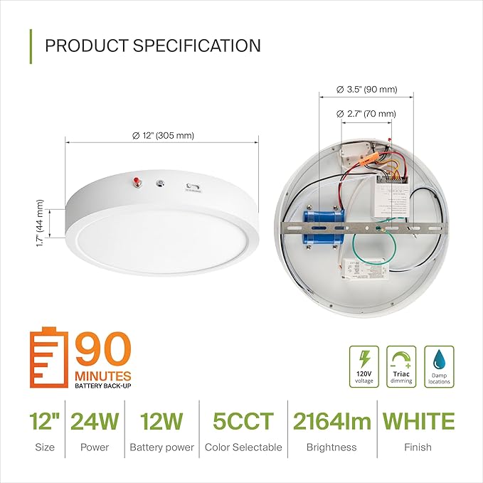 ASD LED 12" Round Flush Mount Ceiling Light Fixture, Low Profile Surface Lighting | 5CCT, Dimmable, Battery Backup, ETL Listed | 24W 2100LM 2700-6000K 120V | Kitchen, Hallway Lamp | White, 6 Pack