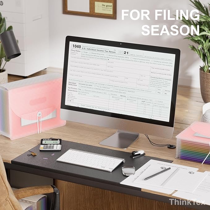 ThinkTex Accordion File Organizer, 12 - Pocket Expanding File Folders for Paper Receipts, Bills & Taxes Organizer, Letter/A4 Size Document Holder for School, Office, Home with Colorful tabs- Pink