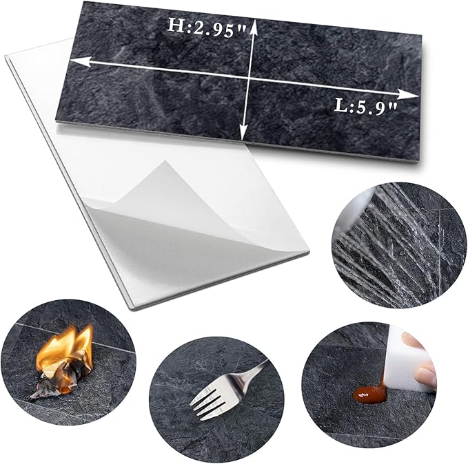 AULIGET 100 Piece Black Slate Peel and Stick Backsplash Wall Tiles, 3" x 6" PVC Faux Stone Stick on Tiles for Backsplash Kitchen, Bathroom, Laundry Room, Camper, Fireplace