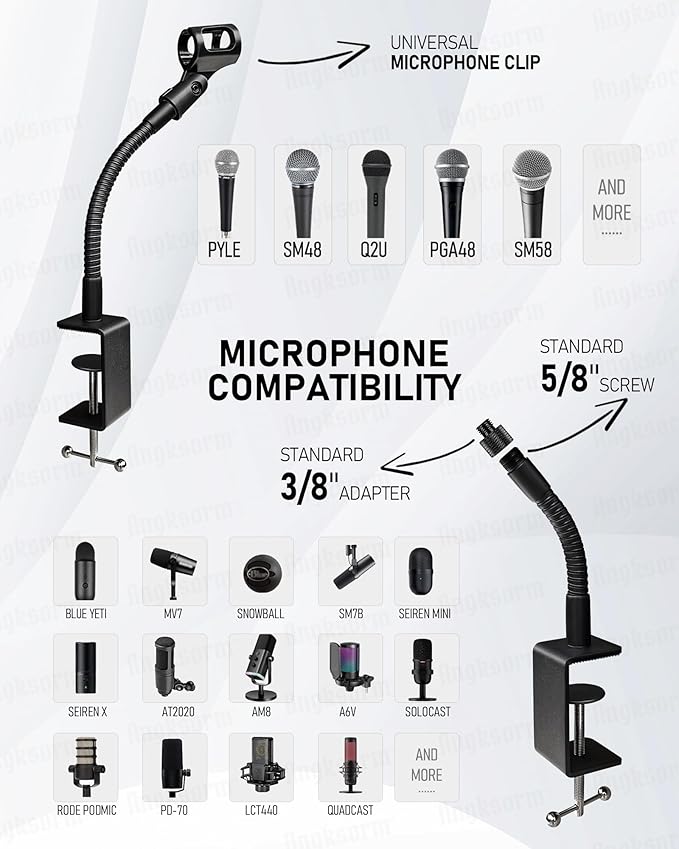 13-INCHS Flexible Gooseneck Microphone Stand with Heavy Duty Desk Clamp for Podcast, Meetings, Lectures, Radio Broadcasting Studio, Live Broadcast Equipment, TV Stations