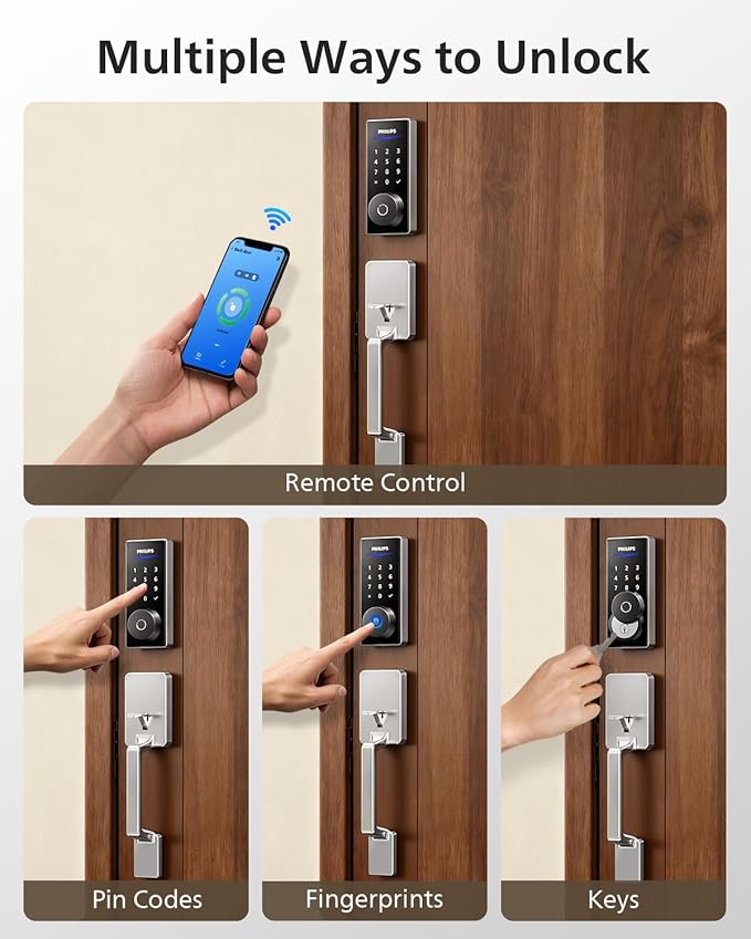 Philips Wi-Fi Smart Lock with Handle, Keyless Entry Keypad Door Lock with Handle, Front Door Deadbolt Set with Gateway, App Control, Fingerprint Unlock, PIN Code Unlock, Auto Locking, Touchscreen