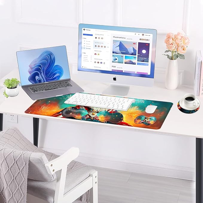 BFUKVOU Large Keyboard Mouse Pad Set, Extended Mouse Pad+Keyboard Wrist Rest Support, Memory Foam Ergonomic Easy Typing, 4Pcs (31.5×11.8 in) Desk Pad Set for Office Home,American Flag Eagle