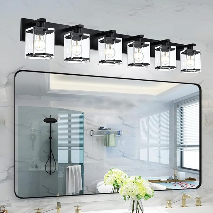 WINSHEN 6-Light Bathroom Light Fixture Black Finish, Modern Vanity Lighting with Rectangular Clear Glass for Over Mirror Kitchen E26 Bulb Base