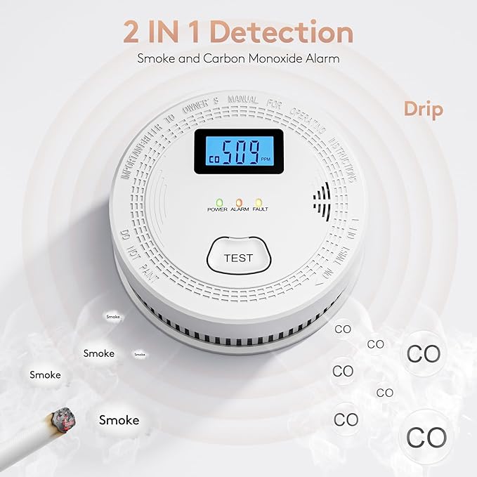 5 Packs, Smoke Combination CO Alarm,2-in-1 Detection, CO Detector,Smoke Detector,Battery Powered CO Alarm with LEDs,Digital Display,Test Button,Low Battery Warning,85db Alarm,Flexible Installation