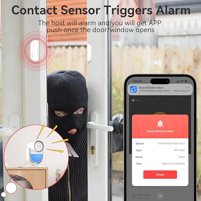 CPVAN WiFi Motion Sensor Alarm, 125dB Wireless DIY Smart PIR Motion Detector with 6 Door/Window Sensors for Home Security System - On Spot Alarm & APP Alert, White