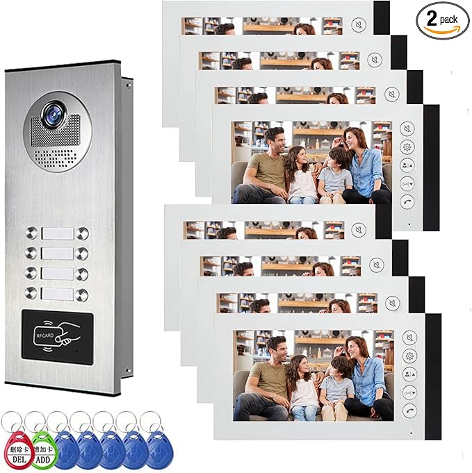 ANJIELO SMART Wired Video Multifamily Apartment Intercom System,2/3/4/6/8/10/12 Units 7 inch Monitor Video Door Phone Kit,Video Doorbell, ID Card Unlock, 2 Way Audio for Home (1 doorbell + 8 Monitor)