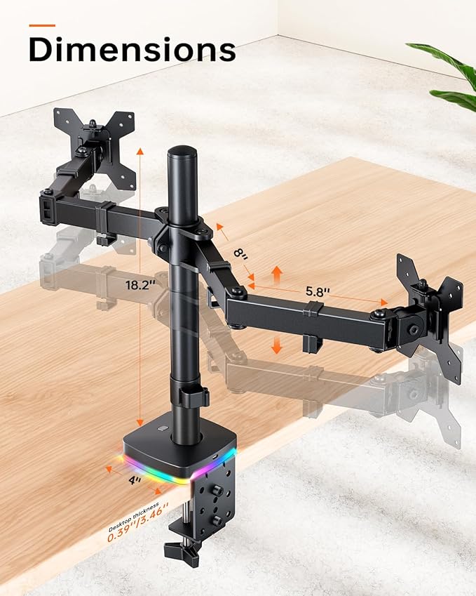 RGB Dual Monitor Desk Mount, Monitor Stand with 3 USB Ports, Charging and USB Data Transfer Function, Adjustable Arms for 13"-27" Monitors up to 17.6lbs, VESA 75x75mm 100x100mm, Ergonomic Design