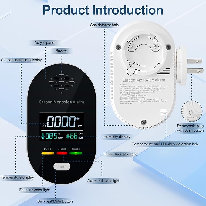 Carbon Monoxide Detector Plug in Wall, 3-in-1 CO Detector with Temperature Humidity Sensor, Portable Carbon Monoxide Detectors Easy to Read & Install, for Home/Office/Hotel/Travel/RV