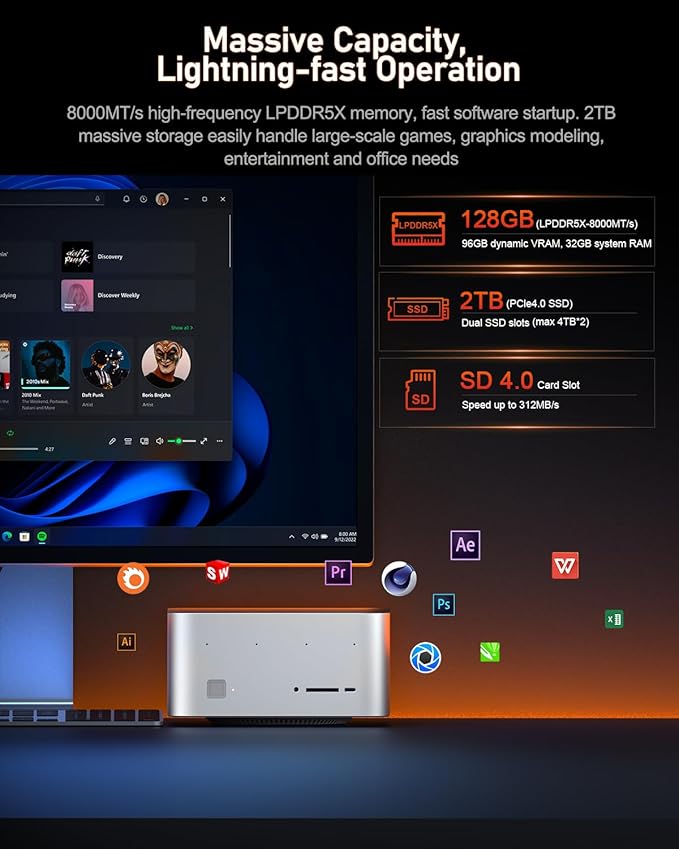 Beelink Mini PC, GTR9 Pro AMD Ryzen AI Max+ 395 CPU (126 Tops), 128GB RAM 2TB Crucial SSD, Mini Computer 10GbE Dual LAN/WiFi 7+BT5.4/8K Quad Display/USB4.0 * 2/SD Card Slot/DeepSeek 70B