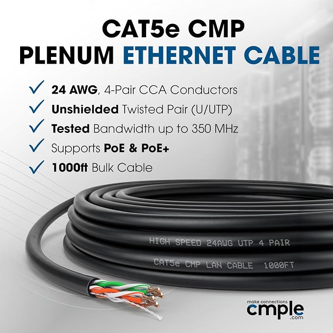 Cmple - Cat5e Plenum Cable 1000ft, 350MHz Gigabit Ethernet Solid Network - Image 2